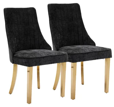 Productafbeelding van Set van twee fluweelzachte eetkamerstoelen met een hoge, gestikte rugleuning en gouden poten, zwart