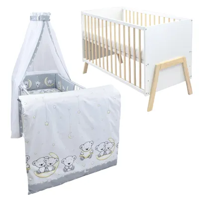 Produktbild von Babybett Kinderbett Gitterbett Juna 60x120 Weiß Schutzgitter Matratze Bettwäsche Set 10tlg Teddy Mond Grau