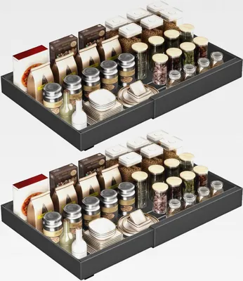 Produktbild von 2 Stück erweiterbar ausziehbare schublade küche mit Kleber, Tiefe 42cm schrank organizer, Slide Out teleskopschublade Cabinet für Küche Organisation Einstellbare Breite 32-52cm, Schwarz
