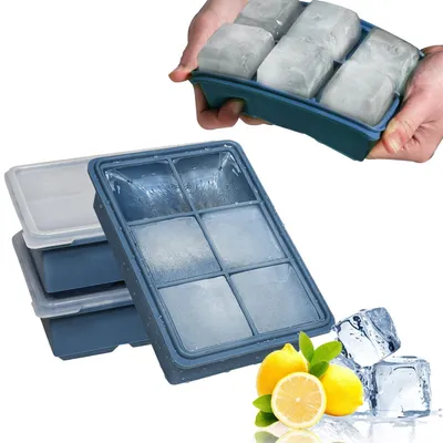 Obrázek produktu pro Forma na velké kostky ledu, silikonová, 18 otvorů, s víkem, rozměr kostek 4,8 cm, sada 3 kusů, barva: modrá, bez BPA