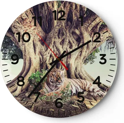 Produktbild von Wanduhr - Rund - Glasuhr - Tiger Wild Baum - 30x30cm - Schleichendes Uhrwerk - Lautlos - zum Aufhängen bereit - Dekoration Modern - Wanddekoration aus Glas - C4AR30x30-5124