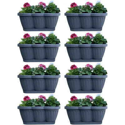 Produktbild von 8er Set 40cm Blumenkasten Balkonkasten Pflanzkasten Anthrazit im Wellendesign inkl. passenden Bewässerungsuntersetzer