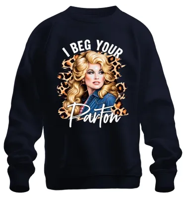 Productafbeelding van "I Beg Your Parton" - Western retro sweatshirt met print, in de stijl van Dolly Parton, marineblauw, maat 3XL