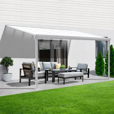 Produktbild von Terrassenüberdachung Sky Guard Aluminium 312 cm als Bausatz Sichtschienen und Hohlkammerplatten Weiß