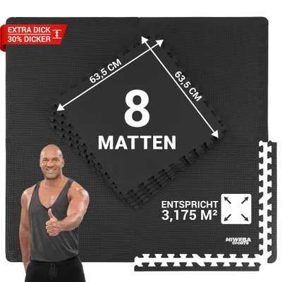A man is giving a thumbs up next to a stack of black interlocking mats, with dimensions and area information displayed.
