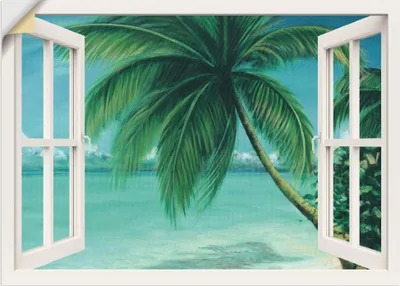 Produktbild von ARTland Wandbild, selbstklebend Fensterblick - Palmenstrand Größe: 100x70 cm