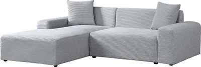 Image de Canapé d'angle HOME DELUXE AMELIO en velours côtelé - Gris gauche - 240 x 178 cm I Canapé de salon moderne avec pouf