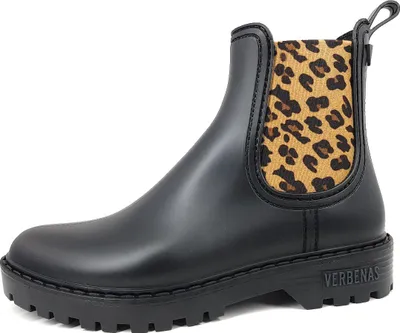 A single black chelsea boot with a leopard print elasticated side panel is shown against a white background.