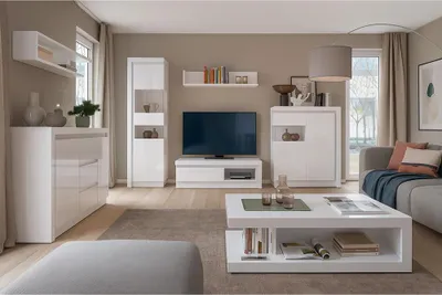 Produktbild von Modernes Wohnzimmer Komplett Set in weiß Hochglanz, 7-teilig, inkl. indirekter Beleuchtung
