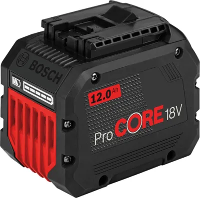 A black and red Bosch ProCORE 18V 12.0 Ah battery pack is shown against a white background.