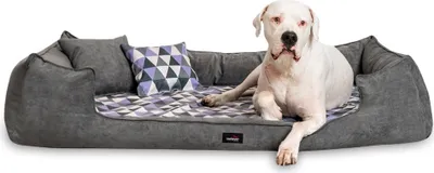 Produktbild von tierlando® Orthopädisches Hundebett VELVET Samt Velours Dreiecke geometrisch - Größe: 90x75cm | Farbe: 0209 Graphit-Lila