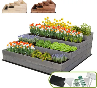 Produktbild von MODO24 Hochbeet Holz, Pflanzkasten, Massivholz, Kiefer, Kräuterbeet, Blumenkasten, Garten, Terrasse, 45x117x120 cm, Grau, ZP07
