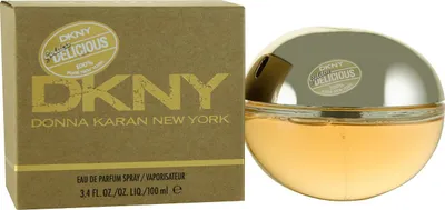 A box of DKNY Golden Delicious perfume and the perfume bottle.