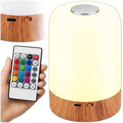 Productafbeelding van KRUMAD LED-tafellamp met 13 kleuren, nachtlampfunctie, touchbediening en afstandsbediening, houtlook, dimbare nachtlamp USB voor de slaapkamer, AI-gegenereerde afbeelding