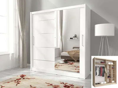 Image de Armoire à portes coulissantes, armoire de chambre à coucher, miroir
blanc, 200 cm
