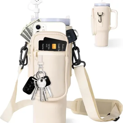 Produktbild von Wasserflaschentragetasche für Stanley Cup, Wasserflaschenhalter mit Riemen und Handytasche, Wasserflaschentasche passend für Stanley 40 oz Becher, Becherhalter für Stanley Cup Zubehör