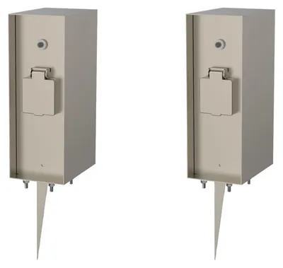 Produktbild von Novatool 1x Steckdosensäule 3-fach Silber gebürstet Edelstahl eckig IP44 mit Erdspieß mit Dämmerungs-Sensor Steckdose Garten Gartensteckdose Outdoor Steckdosensäule Aussen Steckdosenturm (Elektro)