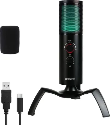 Produktbild von Retekess TG101 RGB Mikrofon PC, Mikrofon für Streaming Podcast ASMR Gaming, USB C Mikrofon Kompatibel mit Mac, Winows, EIN klick zum Stummschalten 1x