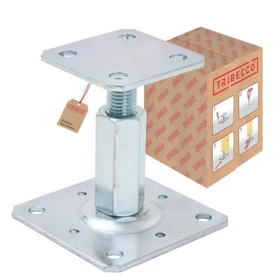A galvanized steel adjustable post support with a cardboard box in the background showing installation instructions.