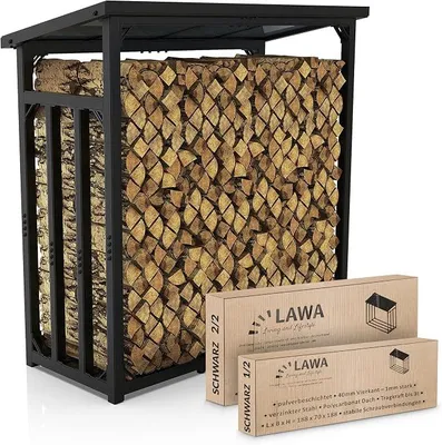 Image de LAWA Étagère métallique pour bois de chauffage, extérieure, avec toit, 188x70x188, galvanisée. Aide au stockage, capacité de 45 kg, 3 t, 3,3. Rangement pour bois de chauffage, abri pour bois de cheminée, pour bûches de 25 cm et 33 cm