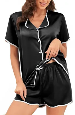 Imagen del producto de Conjunto de pijama de satén corto para mujer, ideal para el verano, con botones