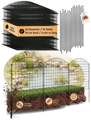 Obrázok produktu pre Plot, záhradný plot, plot na zasúvanie, plot k jazierku, pre záhradné jazierko, 18 plotových prvkov, výška 78 cm, kovový plot pre psov, mriežkový plot, horný oblúk, čierny, V2Aox, 6 x 6 cm