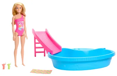 Produktbild von Barbie Pool mit Puppe (mit Pool, Rutsche, Handtuch und Accessoires)