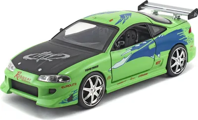 Produktbild von Jada Toys 253203007 Fast & Furious Brian's 1995 Mitsubishi Eclipse, Tuning-Modell im Maßstab 1:24, mit Spoiler, zu öffnende Türen, Motorhaube und Kofferraum, Freilauf, grün