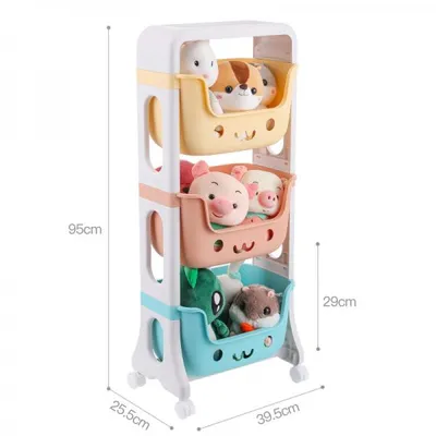 A three-tiered storage unit for toys, with stuffed animals in each basket. Dimensions are shown on the side.