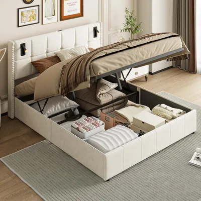 Immagine prodotto di Letto imbottito matrimoniale 160x200 cm, letto con box e meccanismo a sollevamento idraulico, letto per ragazzi con testiera e luce da lettura, struttura letto con rete a doghe, colore beige, tessuto velluto