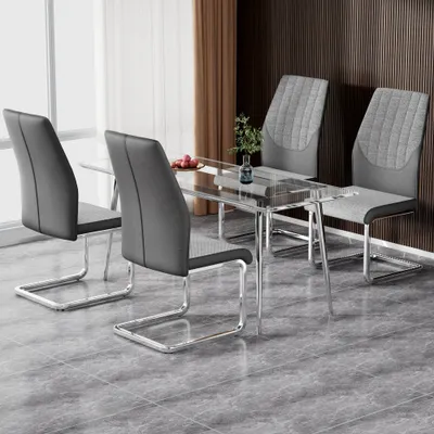 Productafbeelding van AIORBER Draaistoelen (set van 4), met bekleding van Polyurethankunstleer en linnen, ergonomisch ontwerp, geschikt voor woonkamer of kantoor, afmetingen 43x43x97 cm, kleur grijs