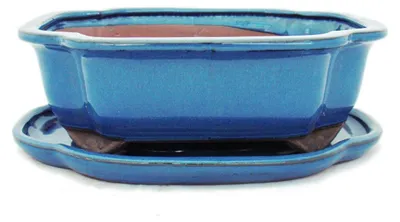 Produktbild von Bonsai-Schale mit Unterteller Gr. 4 - Blau - haitang/oval - Modell I4 - L 26cm - B 20,5cm - H 8,5cm
