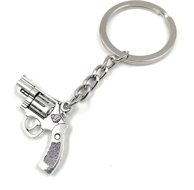 Produktbild von Onwomania Revolver Pistole Gun Crime Anhänger Schlüsselanhänger Metall Glücksbringer in Alu Geschenkbox, ideal zum Verschenken