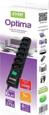 Zdjęcie produktu dla Ever Optima 5m, 175 J, 6 x gniazdo sieciowe, 250 V, 50 Hz, 10 A, Czarny
