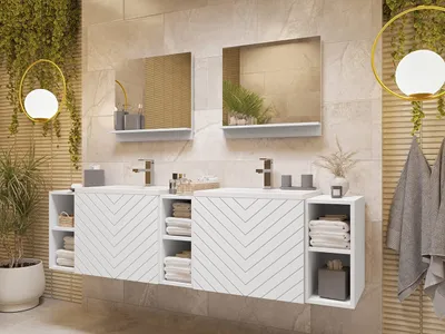 A modern bathroom vanity with two sinks, mirrors, and decorative plants.