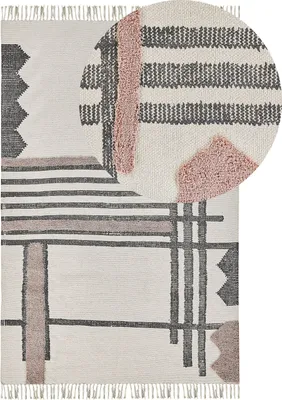 Produktbild von BELIANI Teppich Beige und Schwarz Baumwolle rechteckig 160 x 230 cm abstraktes Muster Fransen handgewebt Skandinavisch Kurzhaar Wohn- und Schlafzimmer