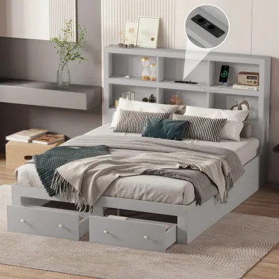 Immagine prodotto di Letto matrimoniale AIORBER, 160 x 200 cm, in truciolato, testata con 6 scomparti, con porta di ricarica USB, 2 cassetti alla fine del letto, letto a piattaforma, grigio
