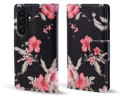 A black flip case for a smartphone with a floral hibiscus pattern.