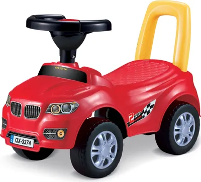 A red toy car with a yellow handle and black steering wheel, shown from a front-side angle on a white background.