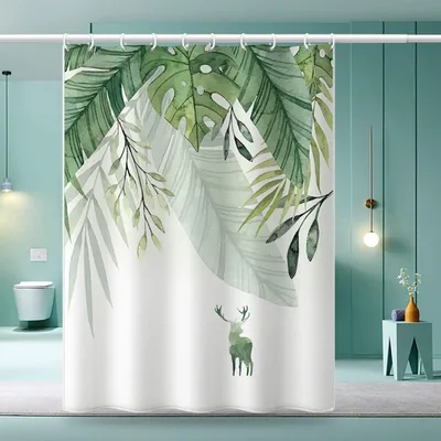 Produktbild von Schimmelresistenter Duschvorhang (180 x 200 cm) – inklusive Haken – Blatt- und Pflanzenmuster