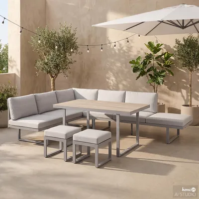 Produktbild von home24 Dining-Loungeset - 5-teilig - Aluminium / Polyester - Hellgrau