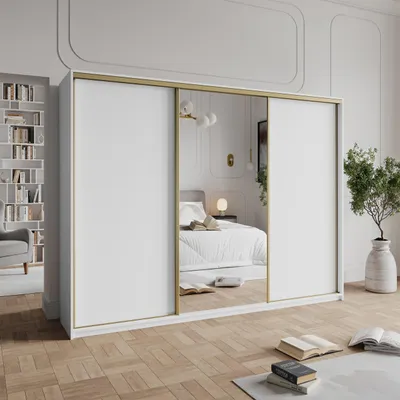 Produktbild von Masseno Schiebetürenschrank TAVI 250/205/60 cm Kleiderschrank mit 4 Schubladen Schlafzimmer Schrank 3-türig mit Spiegel Weiß