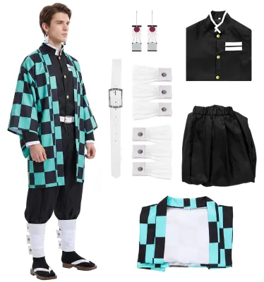 Produktbild von Alaiyaky Tanjirou Cosplay Kostüm mit Earrings, Tanjirou Cosplay Kimono Halloween Jacke Kostüm Anime Mantel Outfit für Erwachsene und Kinder (Small, Co