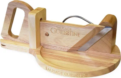 Produktbild von mikamax, Wurstschneider Guillotine für Zuhause, schnelle und gleichmäßige Wurstscheiben, scharfe Messer, aus massivem Holz, Holzfarbe, Currywurstschne