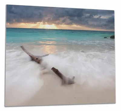 Produktbild von Wallario Herdabdeckplatte aus Glas, Größe 60 x 52 cm 1-teilig, Motiv Wellen am Strand bei Sonnenuntergang