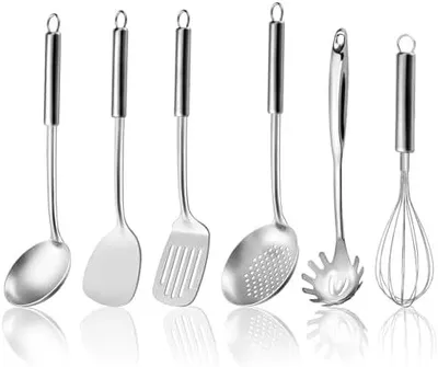 Produktbild von Edelstahl Kochutensilien Set 6-teiliges, kochl?ffel mit aufh?ngbarer Griff, Spatel, Pfannenwender, Suppenkelle, Schauml?ffel, Schneebesen, Nudelserver