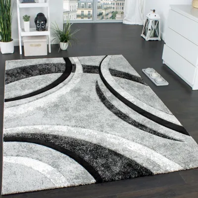 Produktbild von Designer Teppich mit Konturenschnitt Muster Gestreift Grau Schwarz Creme Meliert Grösse 120x170 cm