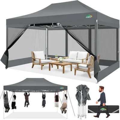 Immagine prodotto di Gazebo da esterno 3x4,5 metri, impermeabile, con protezione UV e 4 pareti laterali in rete, colore grigio