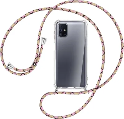 Produktbild von Handykette Backcover-Schutzhülle mit Band (Metall silberfarben) für Samsung Galaxy M51 - rosa Karo