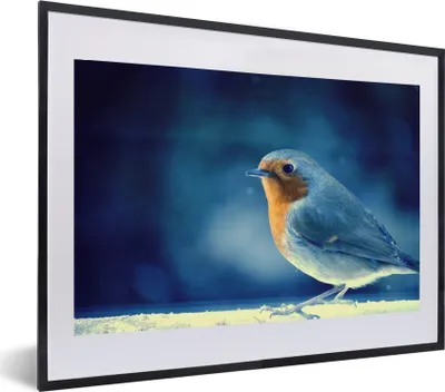 Produktbild von MuchoWow® MuchoWow® Gerahmtes Poster Rotkehlchen - Blau - Schnee 60x40 cm - Poster mit zchwarzem Bilderrahmen - Schlafzimmer - Plakat in Rahmen - Drucken
